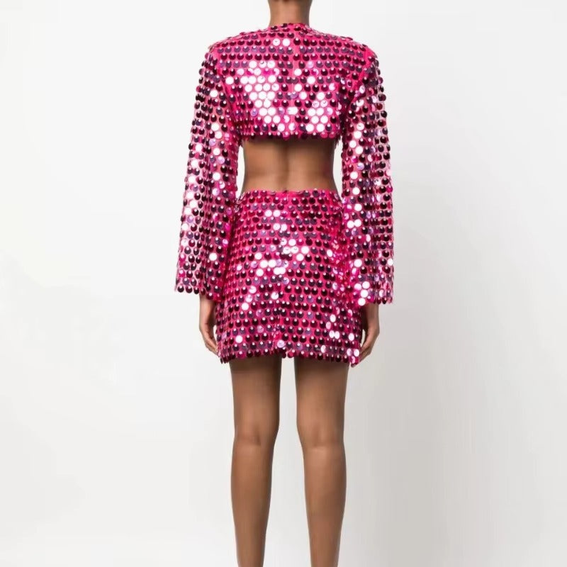 Elegant Round Neck Glitter Sequins Hollow Out Mini Dress