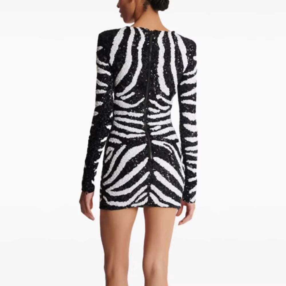 Elegant Round Neck High Waist Slimming Patchwork Sequins Zebra Stripes Mini Dress