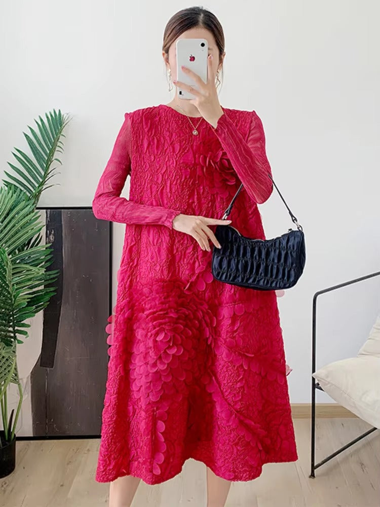 Elegant Round Neck Long Sleeves Loose Flower Pleated Midi Dress