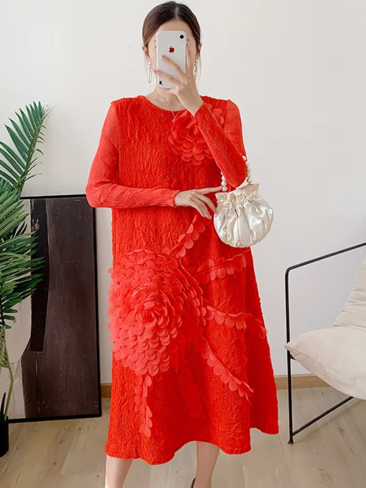 Elegant Round Neck Long Sleeves Loose Flower Pleated Midi Dress