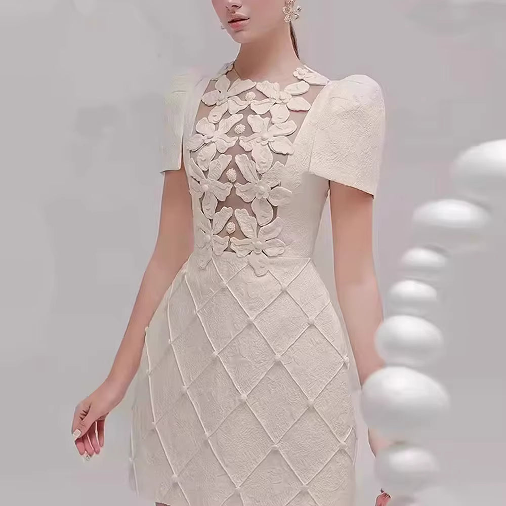 Elegant Round Neck Short Sleeve High Waist Solid Patchwork Appliques Mini Dresses