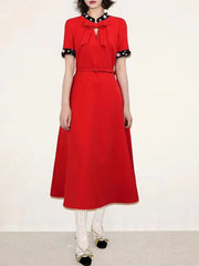 Elegant Round Neck Short Sleeve Patchwork Bownot Long Dress