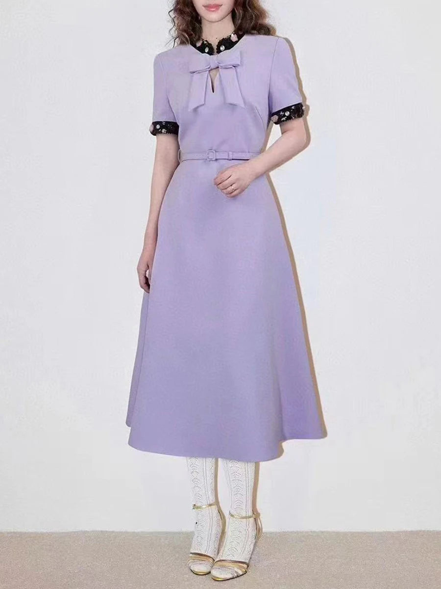 Elegant Round Neck Short Sleeve Patchwork Bownot Long Dress
