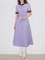 Elegant Round Neck Short Sleeve Patchwork Bownot Long Dress