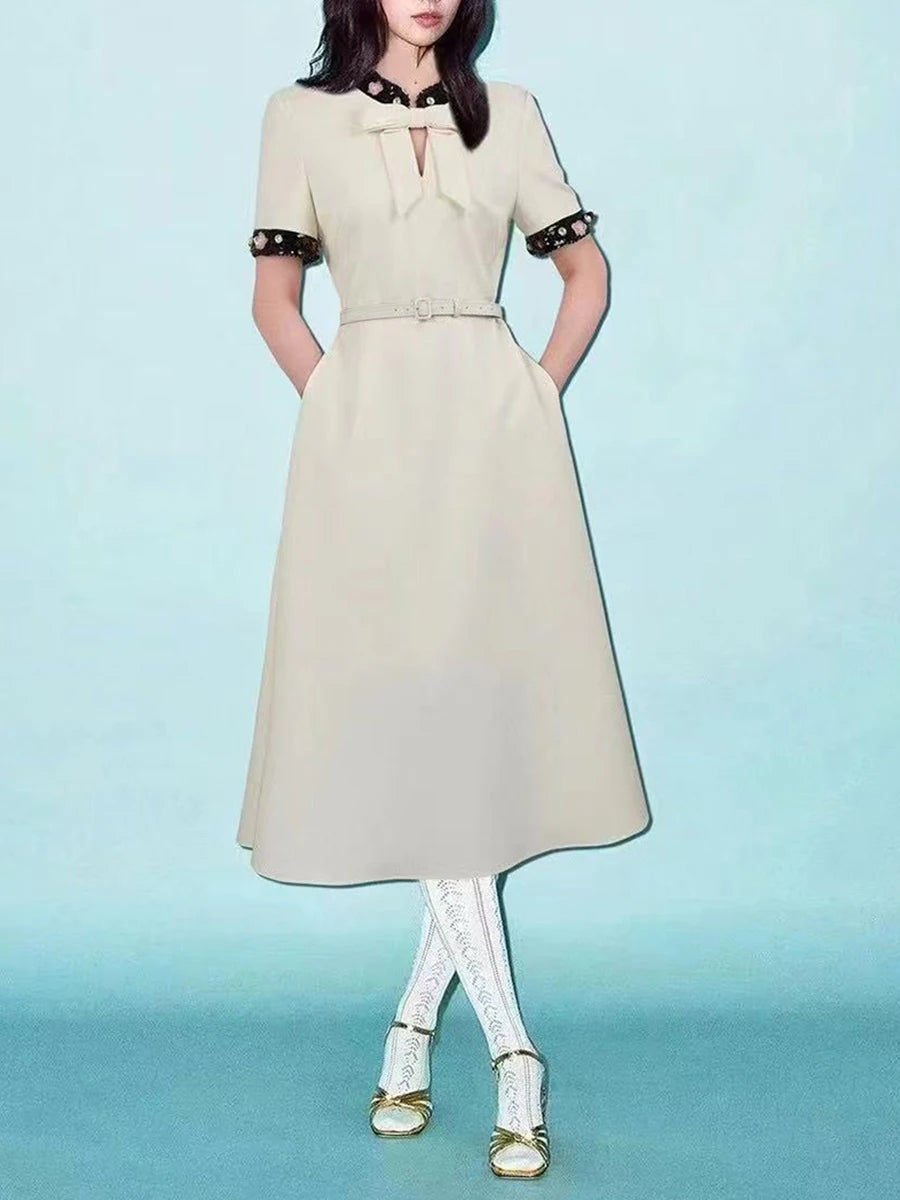 Elegant Round Neck Short Sleeve Patchwork Bownot Long Dress