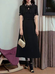 Elegant Round Neck Short Sleeve Patchwork Bownot Long Dress