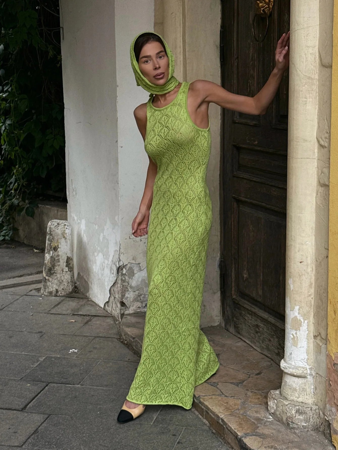 Elegant Round Neck Sleeveless Knit Slim Vacation Beach Wear Maxi Dresses