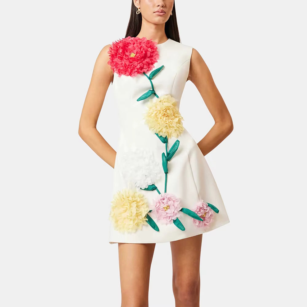 Elegant Round Neck Sleeveless Patchwork 3D Flowers Mini Dresses