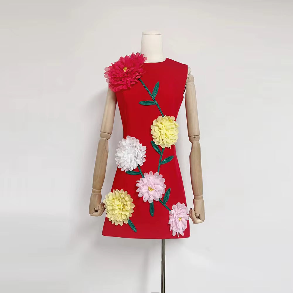 Elegant Round Neck Sleeveless Patchwork 3D Flowers Mini Dresses
