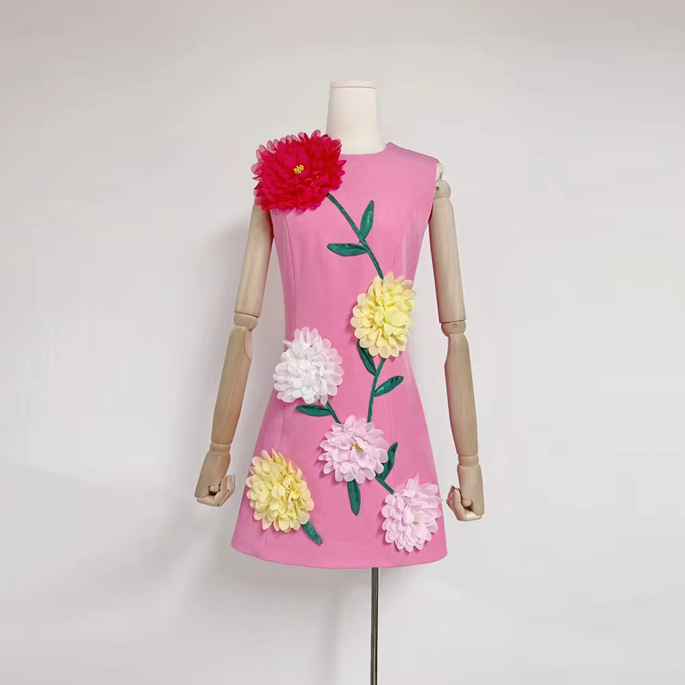 Elegant Round Neck Sleeveless Patchwork 3D Flowers Mini Dresses