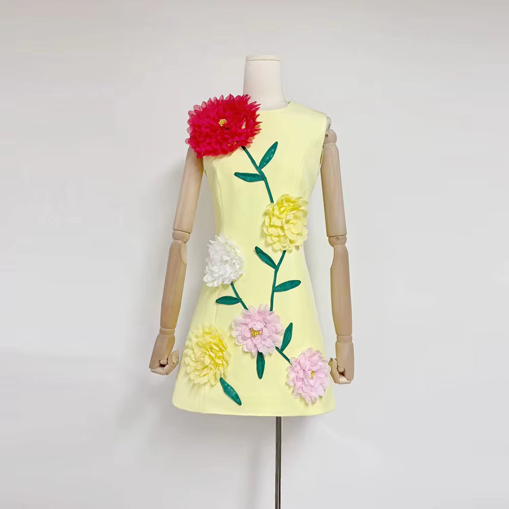 Elegant Round Neck Sleeveless Patchwork 3D Flowers Mini Dresses