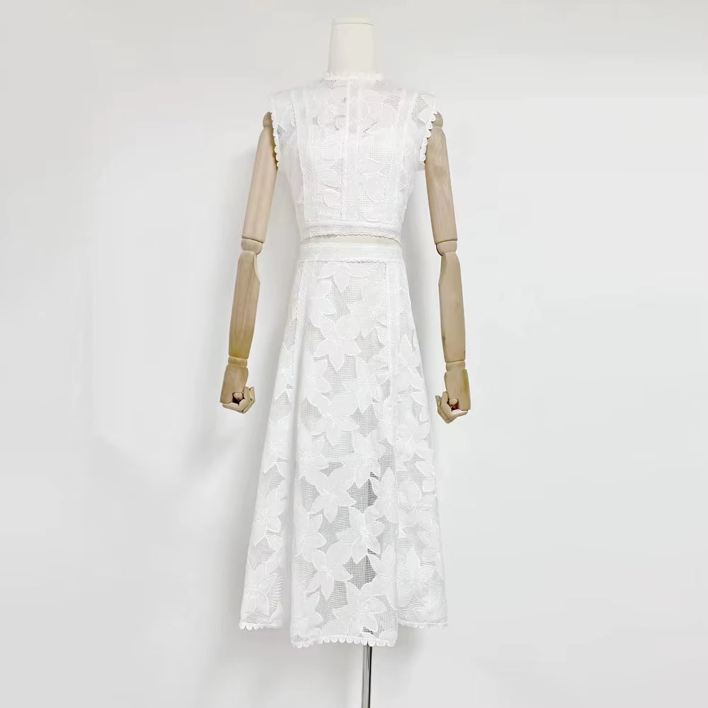 Elegant Round Neck Sleeveless Top High Waist Spliced Lace Embroidery Skirt Two Piece Sets