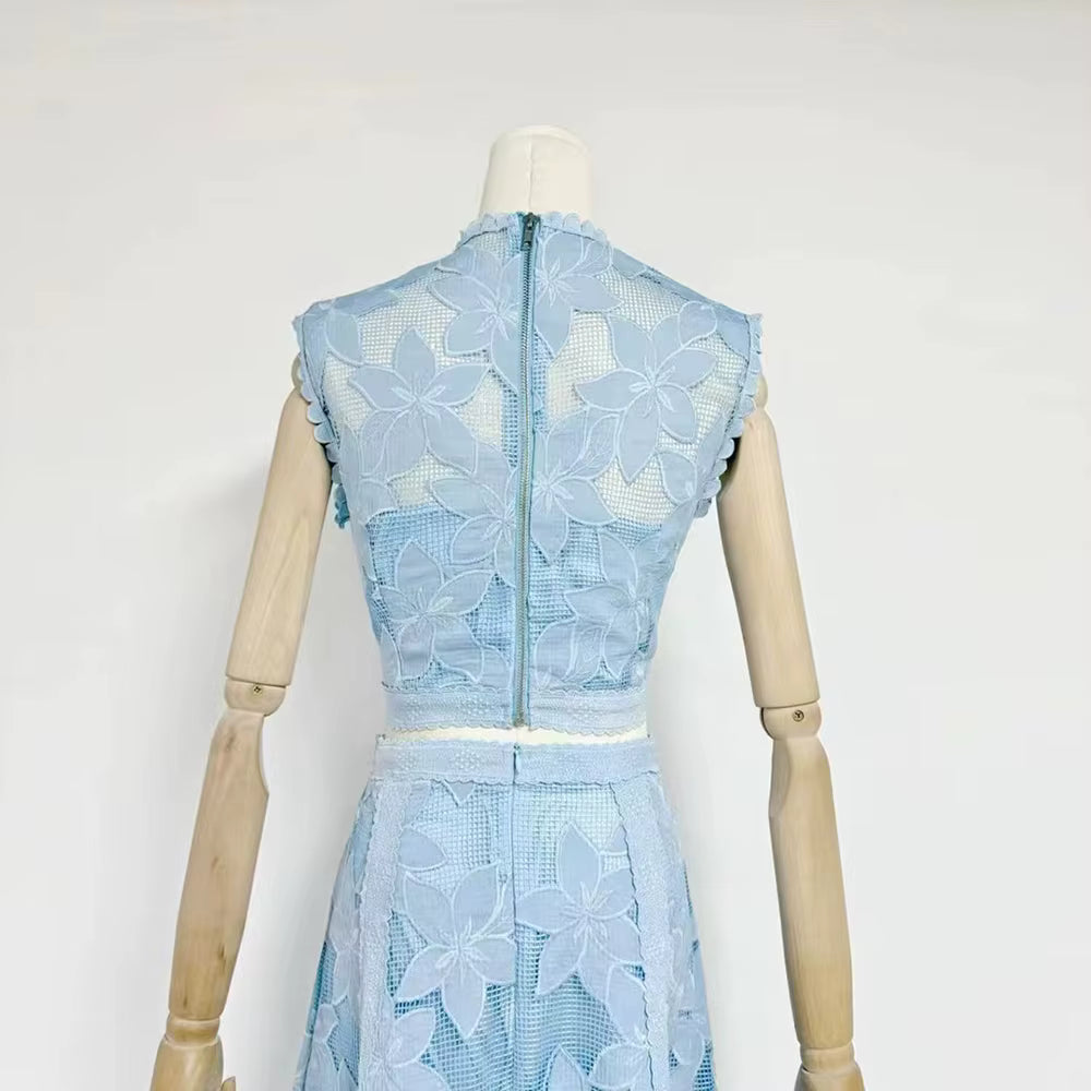 Elegant Round Neck Sleeveless Top High Waist Spliced Lace Embroidery Skirt Two Piece Sets