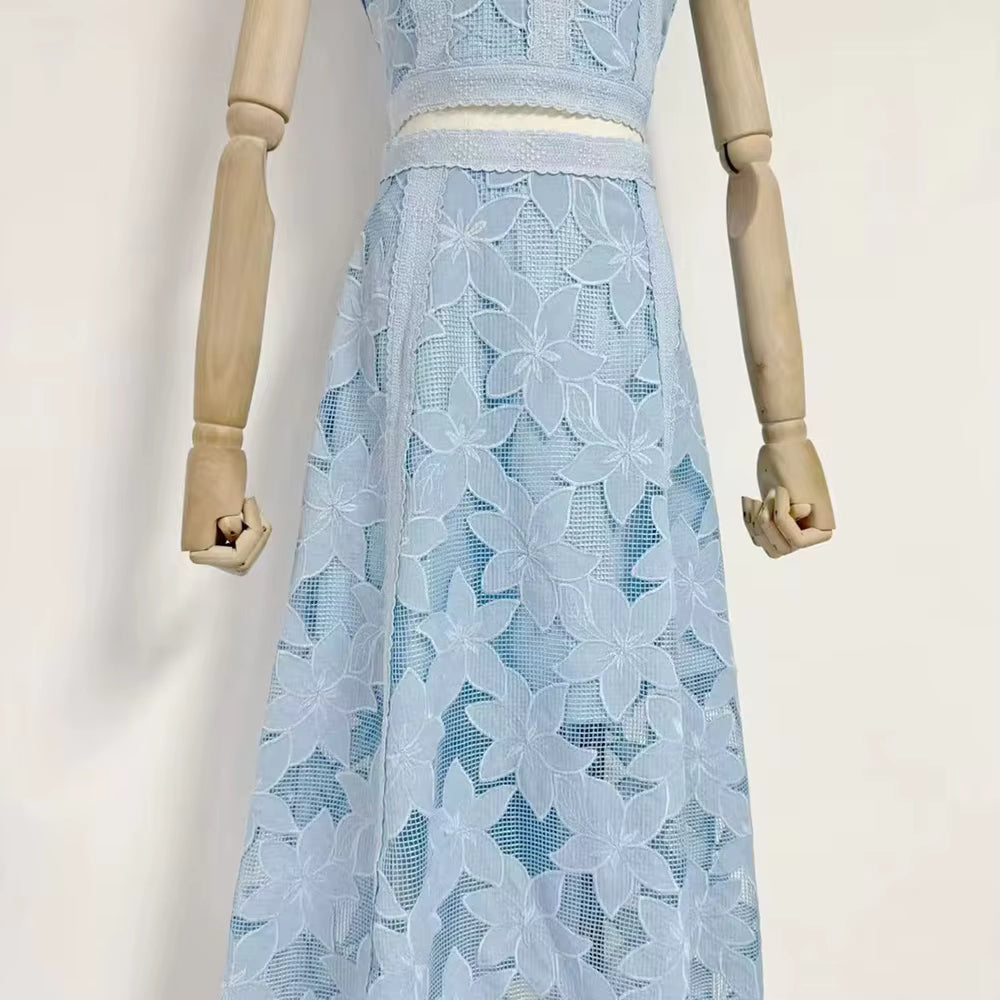Elegant Round Neck Sleeveless Top High Waist Spliced Lace Embroidery Skirt Two Piece Sets