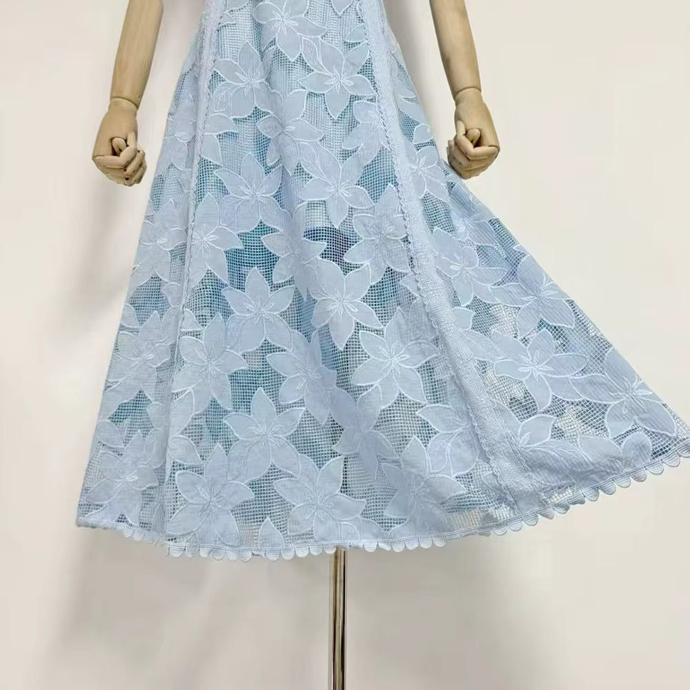 Elegant Round Neck Sleeveless Top High Waist Spliced Lace Embroidery Skirt Two Piece Sets