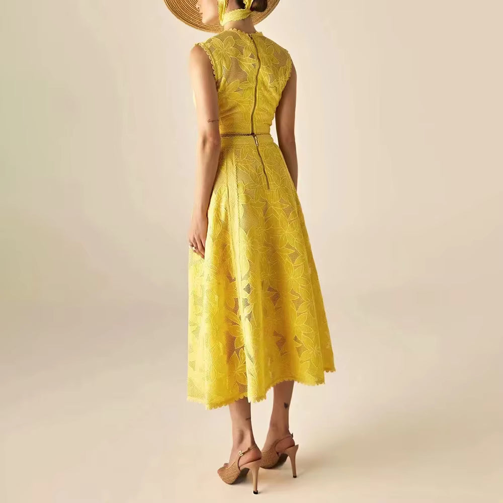 Elegant Round Neck Sleeveless Top High Waist Spliced Lace Embroidery Skirt Two Piece Sets