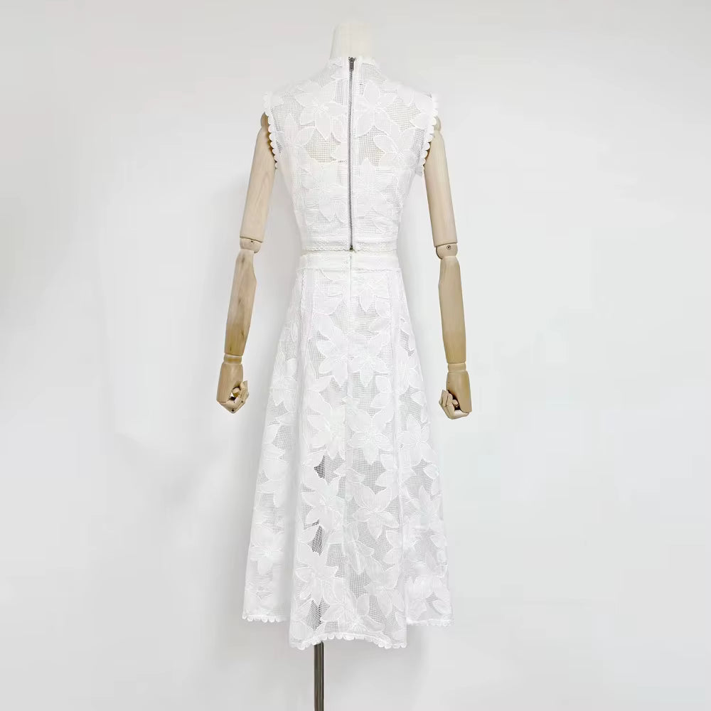 Elegant Round Neck Sleeveless Top High Waist Spliced Lace Embroidery Skirt Two Piece Sets