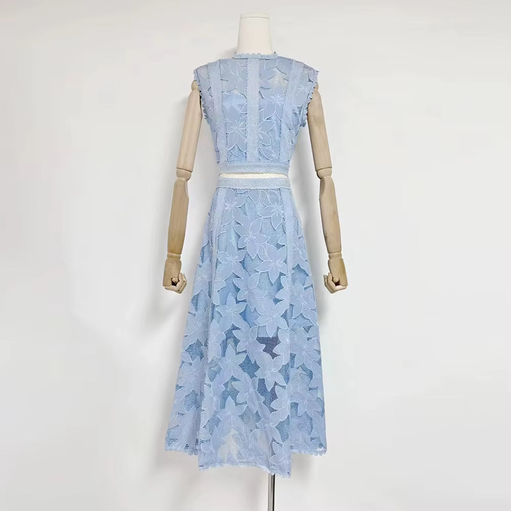 Elegant Round Neck Sleeveless Top High Waist Spliced Lace Embroidery Skirt Two Piece Sets