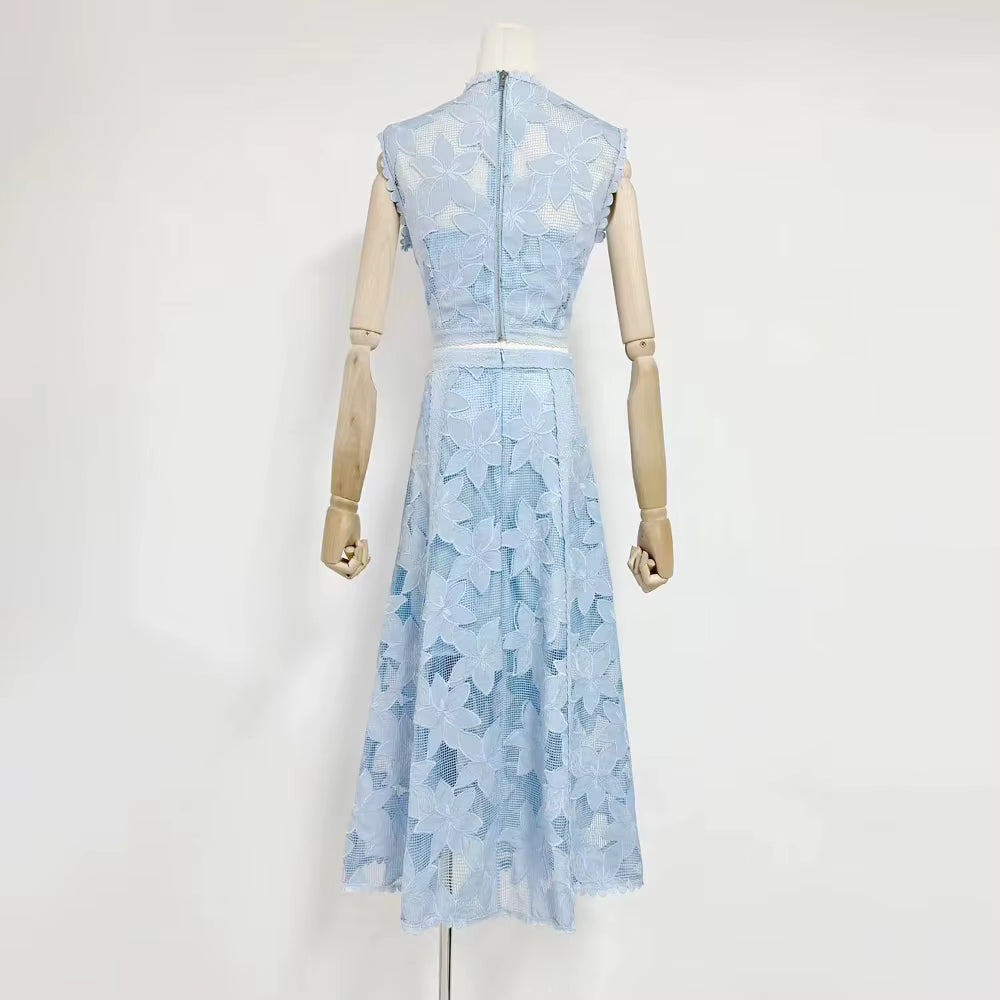 Elegant Round Neck Sleeveless Top High Waist Spliced Lace Embroidery Skirt Two Piece Sets