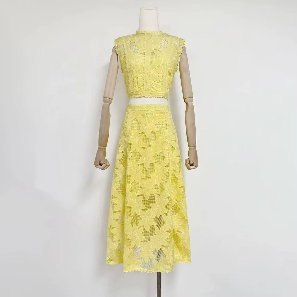 Elegant Round Neck Sleeveless Top High Waist Spliced Lace Embroidery Skirt Two Piece Sets
