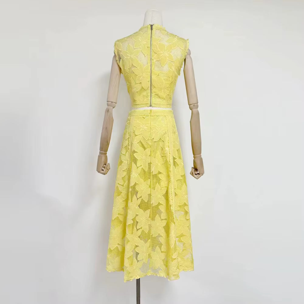 Elegant Round Neck Sleeveless Top High Waist Spliced Lace Embroidery Skirt Two Piece Sets