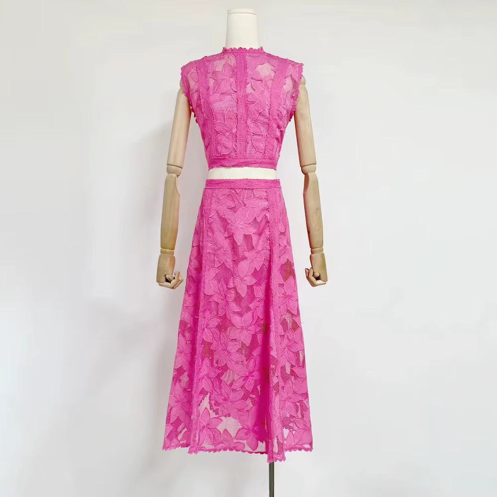 Elegant Round Neck Sleeveless Top High Waist Spliced Lace Embroidery Skirt Two Piece Sets
