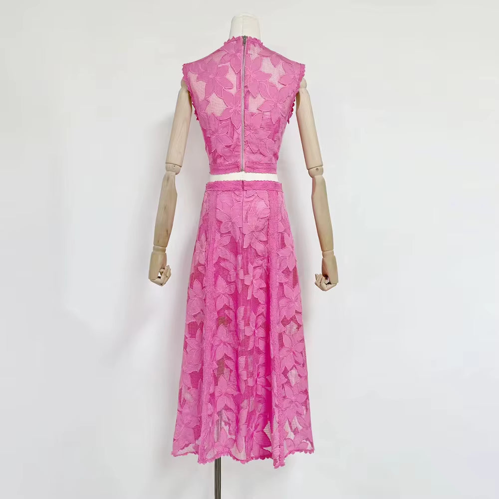Elegant Round Neck Sleeveless Top High Waist Spliced Lace Embroidery Skirt Two Piece Sets