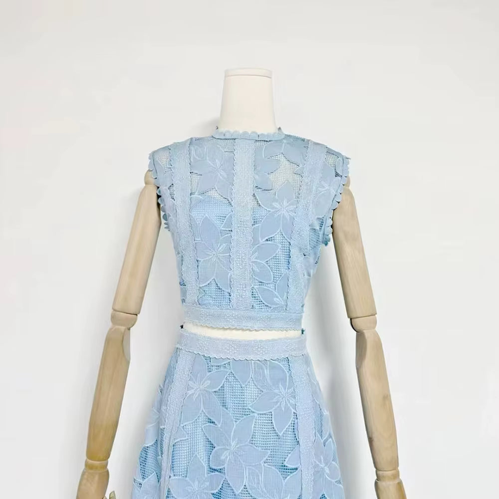 Elegant Round Neck Sleeveless Top High Waist Spliced Lace Embroidery Skirt Two Piece Sets