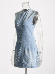 Elegant Round Neck Sleeveless Tunic Patchwork Pockets Hollow Out Slim Mini Dress