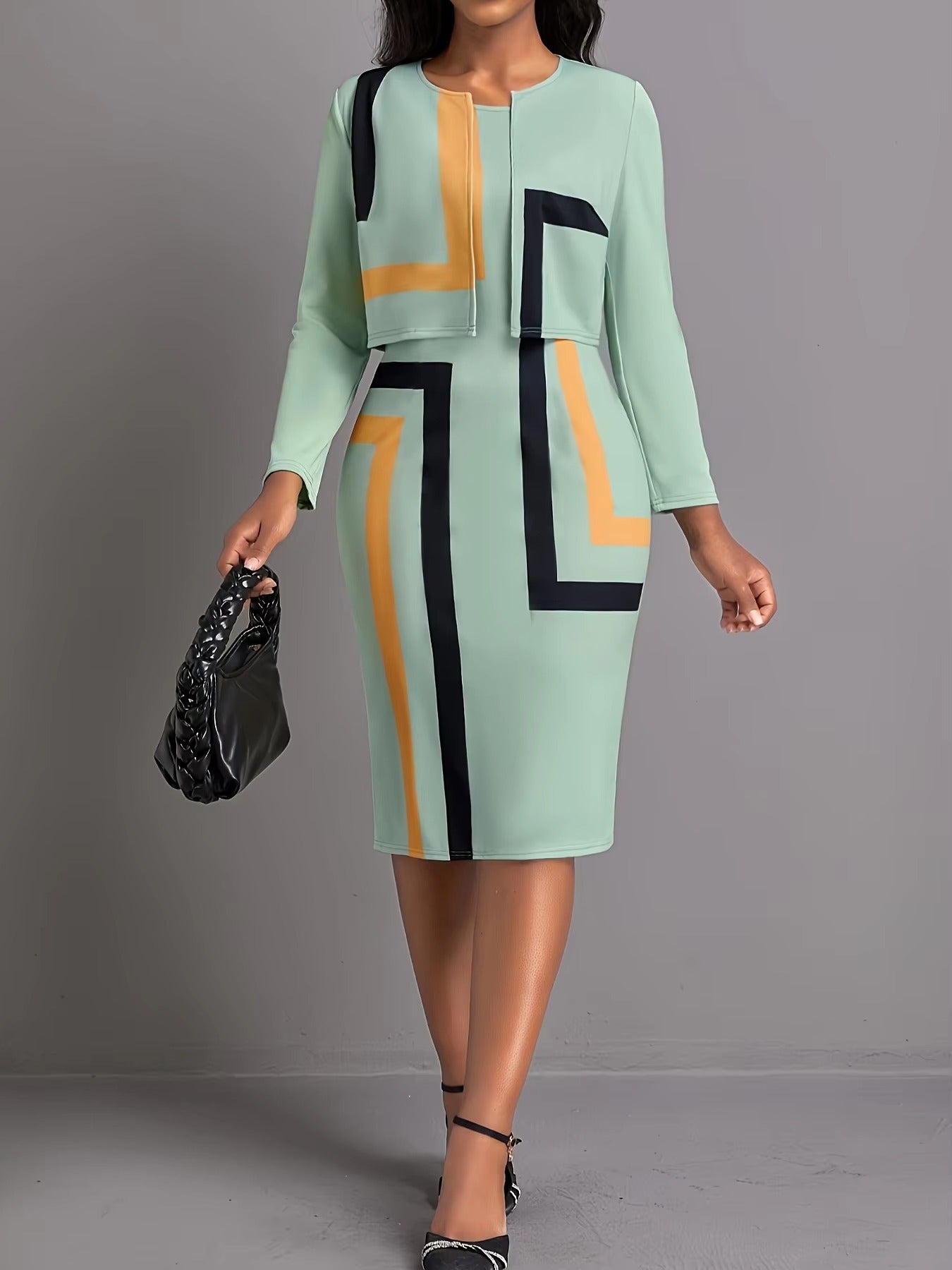 Elegant Round Neck long-sleeved slim fit Office Lady plus-size Casual dress