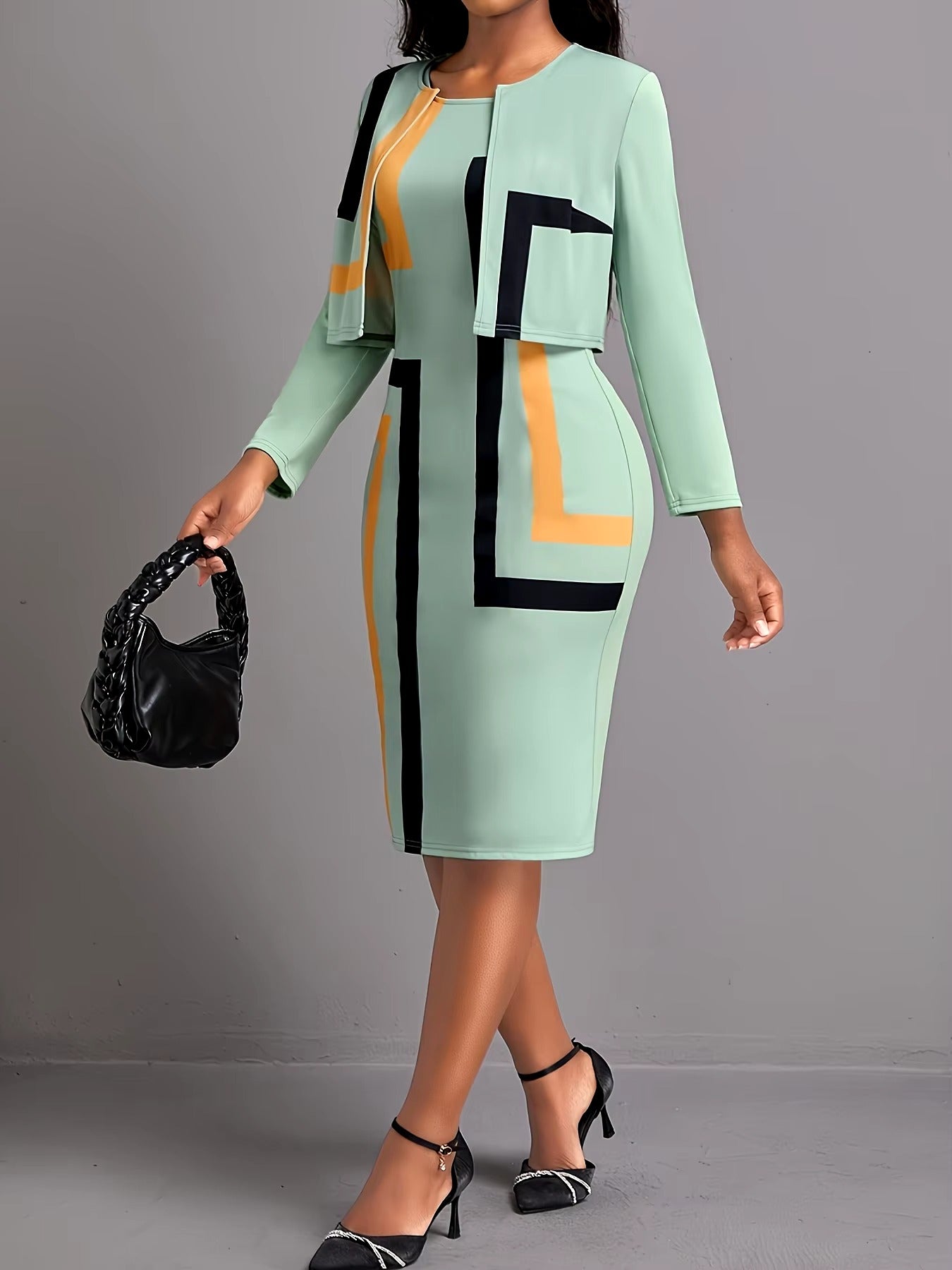 Elegant Round Neck long-sleeved slim fit Office Lady plus-size Casual dress