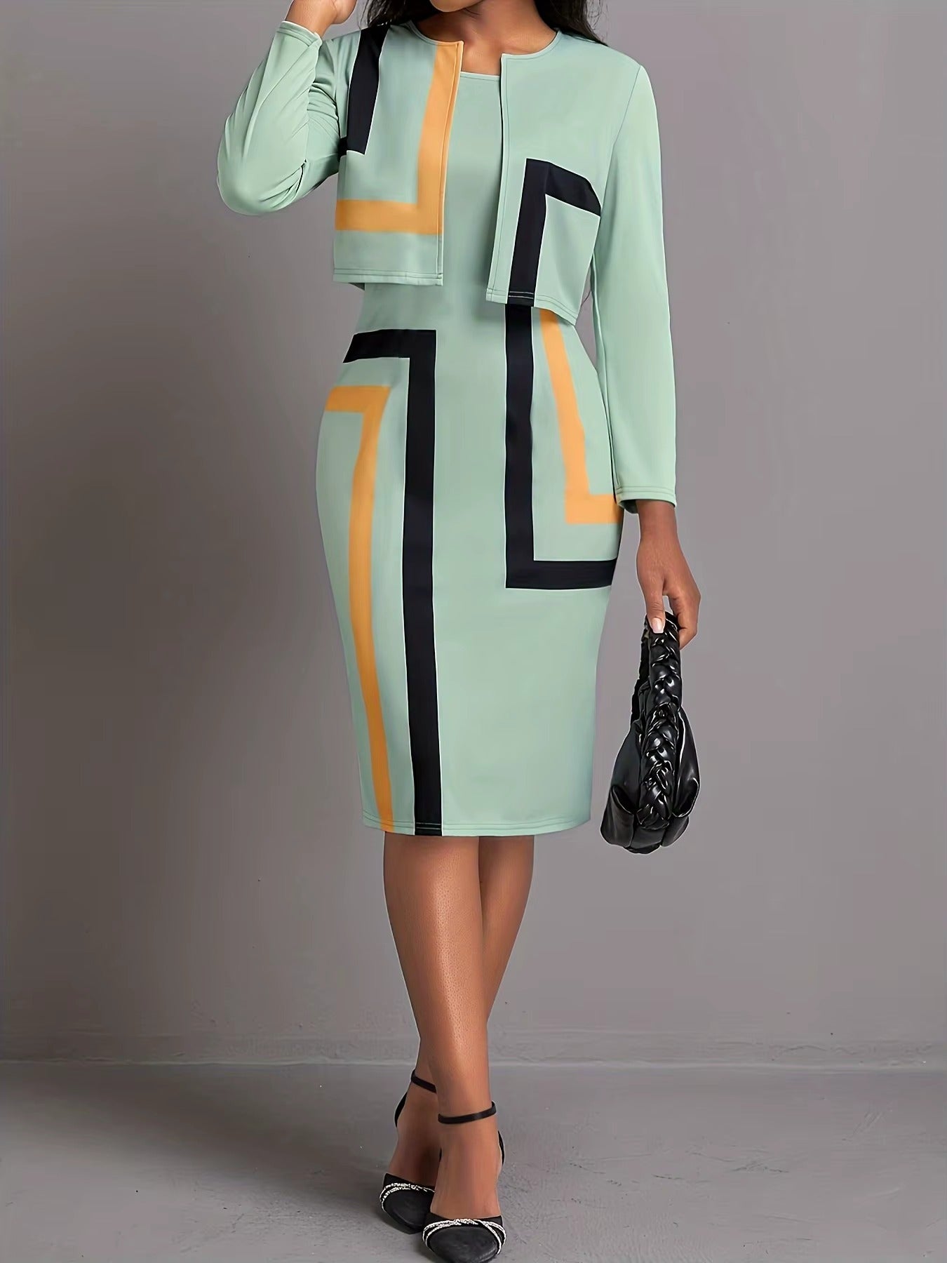 Elegant Round Neck long-sleeved slim fit Office Lady plus-size Casual dress