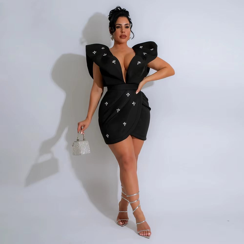 Elegant Ruched Deep V-Neck Backless Zip Body-Shaping Mini Dress