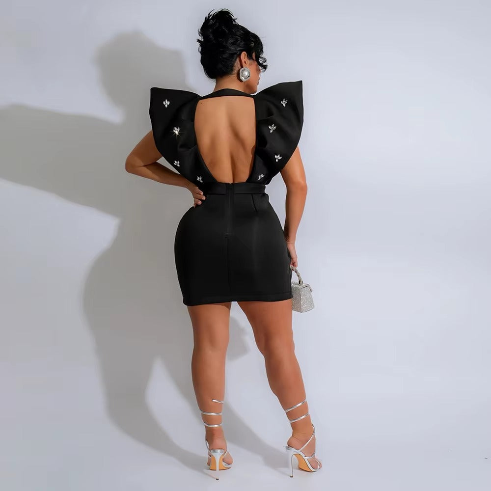 Elegant Ruched Deep V-Neck Backless Zip Body-Shaping Mini Dress