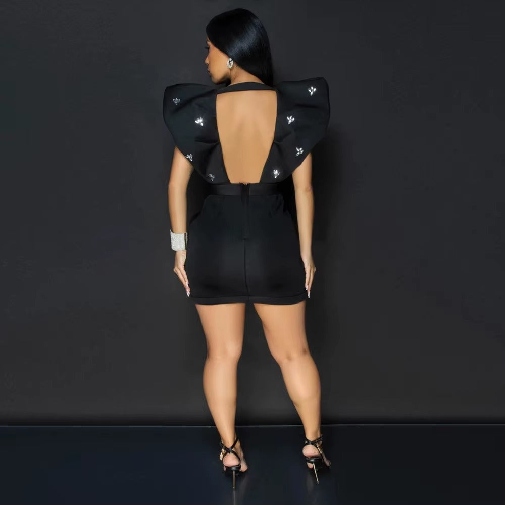 Elegant Ruched Deep V-Neck Backless Zip Body-Shaping Mini Dress