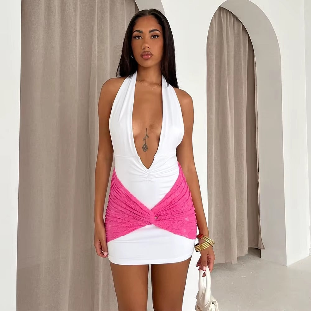 Elegant Ruched Deep V-Neck Patchwork Bodycon Mini Dress