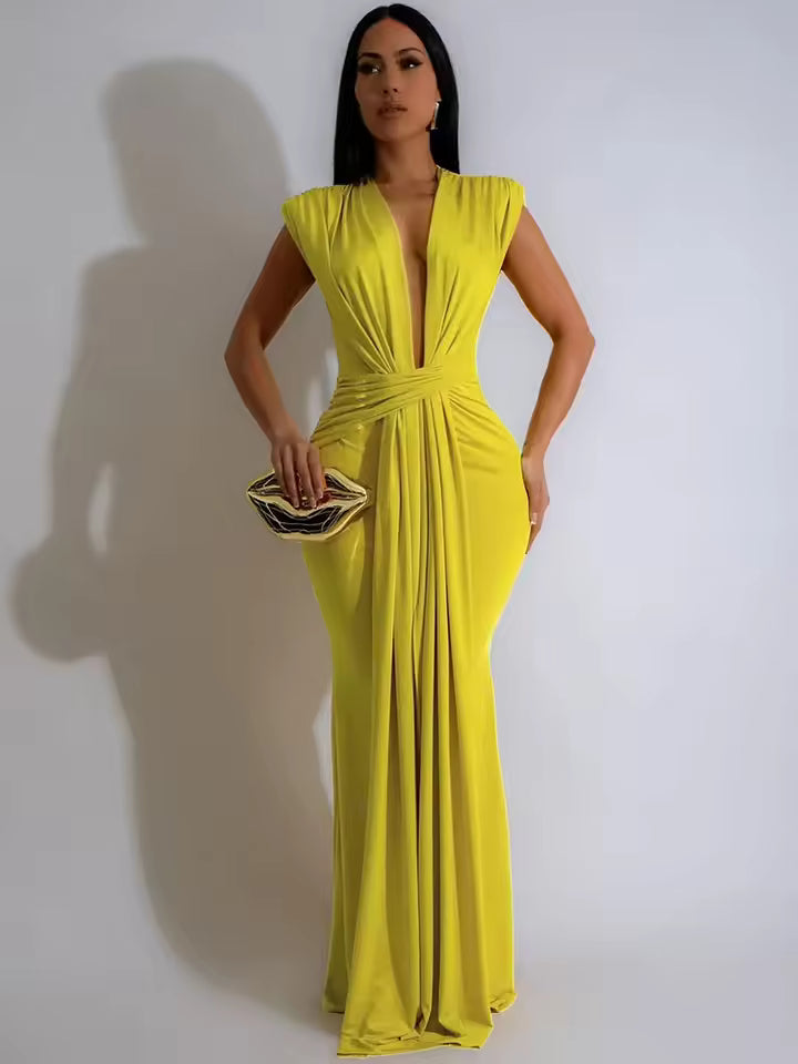 Elegant Ruched Deep V-neck Sheath Zipper Night Party Bodycon Maxi Dresses
