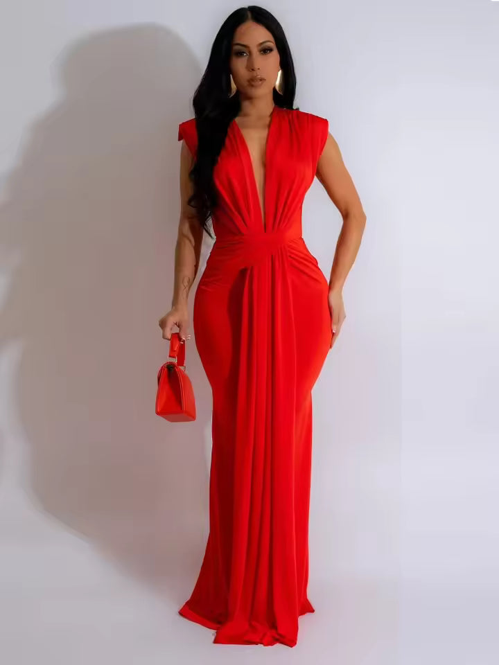 Elegant Ruched Deep V-neck Sheath Zipper Night Party Bodycon Maxi Dresses
