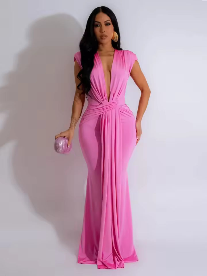 Elegant Ruched Deep V-neck Sheath Zipper Night Party Bodycon Maxi Dresses