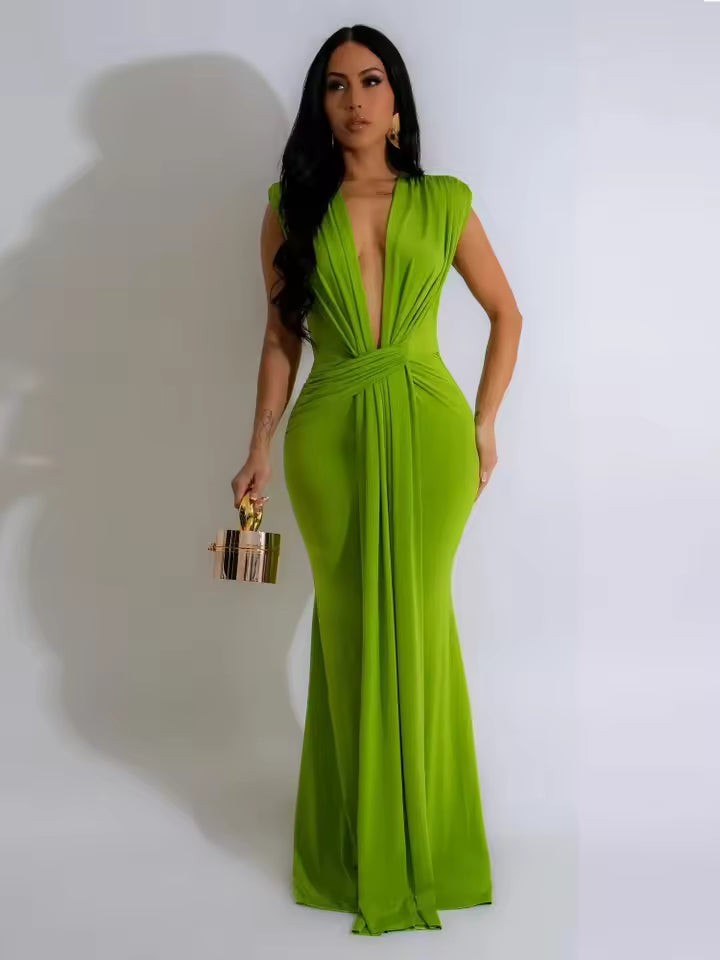 Elegant Ruched Deep V-neck Sheath Zipper Night Party Bodycon Maxi Dresses