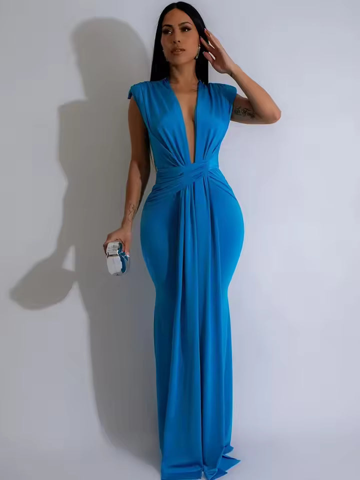 Elegant Ruched Deep V-neck Sheath Zipper Night Party Bodycon Maxi Dresses