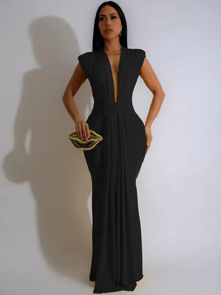 Elegant Ruched Deep V-neck Sheath Zipper Night Party Bodycon Maxi Dresses