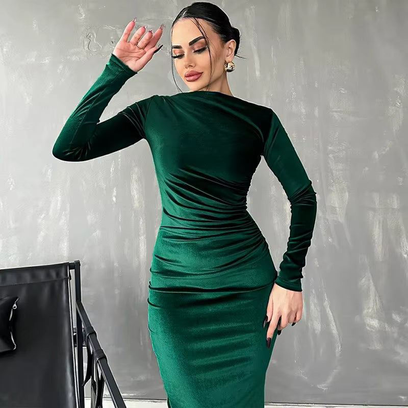 Elegant Ruched Mid-Calf Velvet synthetic fiber Long Sleeve Midi Dress