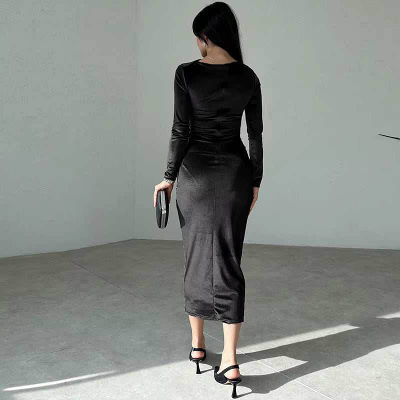 Elegant Ruched Mid-Calf Velvet synthetic fiber Long Sleeve Midi Dress