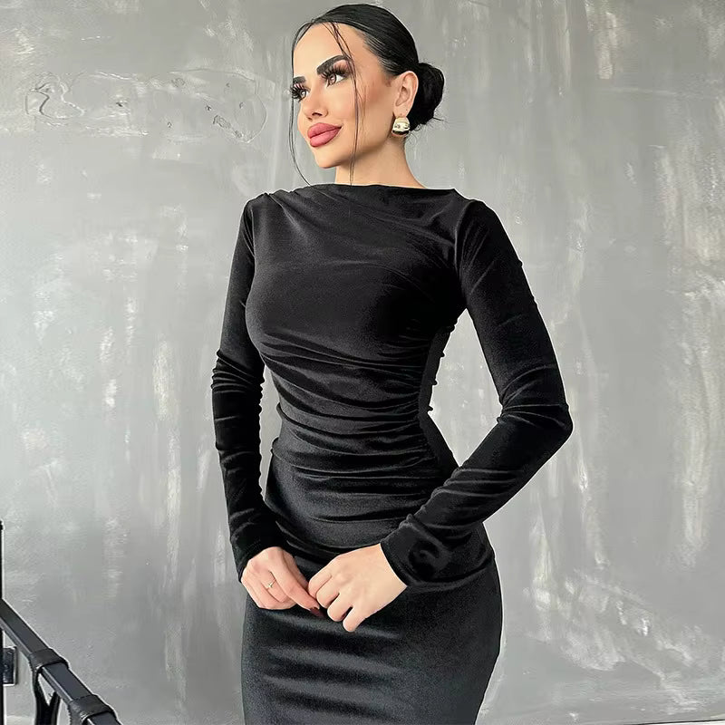 Elegant Ruched Mid-Calf Velvet synthetic fiber Long Sleeve Midi Dress