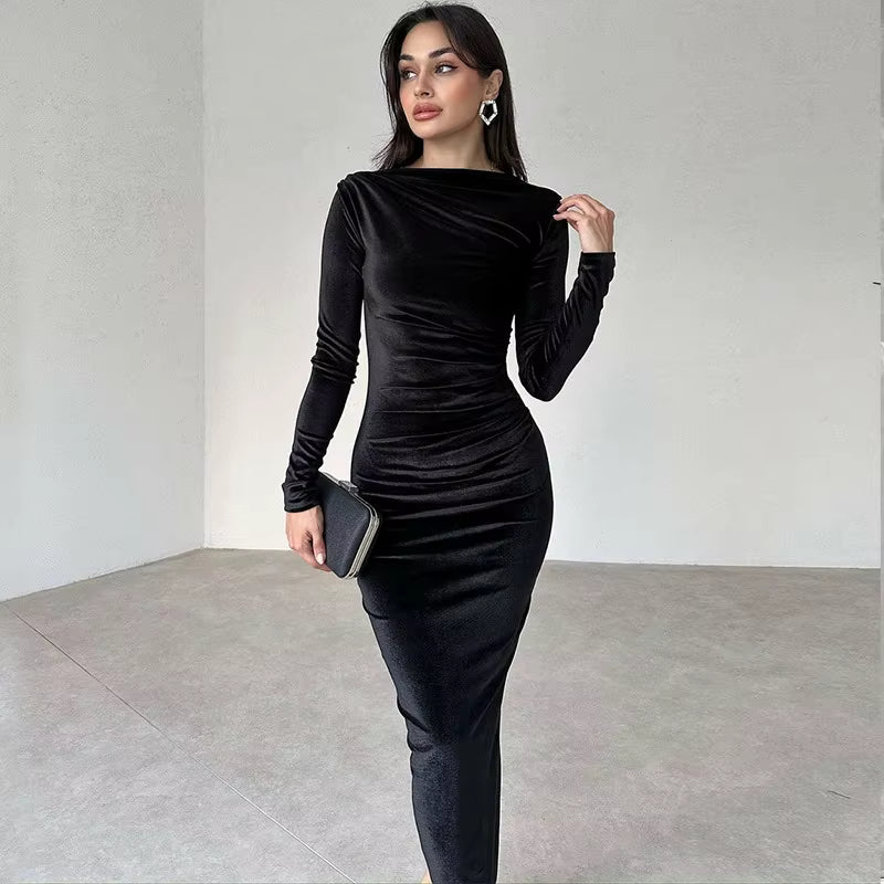 Elegant Ruched Mid-Calf Velvet synthetic fiber Long Sleeve Midi Dress