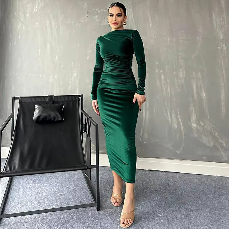Elegant Ruched Mid-Calf Velvet synthetic fiber Long Sleeve Midi Dress