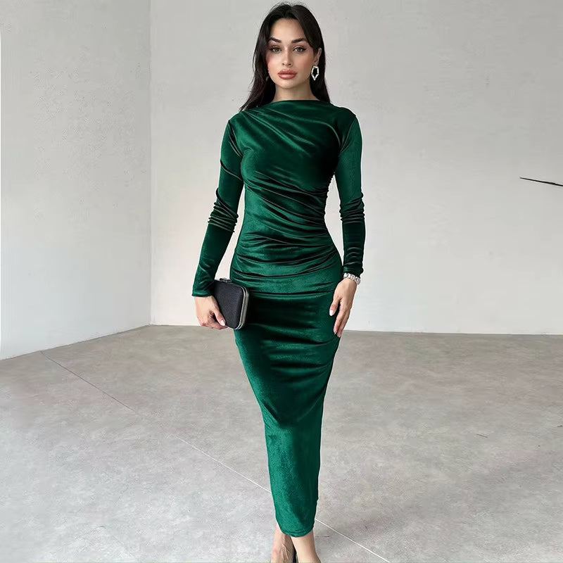 Elegant Ruched Mid-Calf Velvet synthetic fiber Long Sleeve Midi Dress