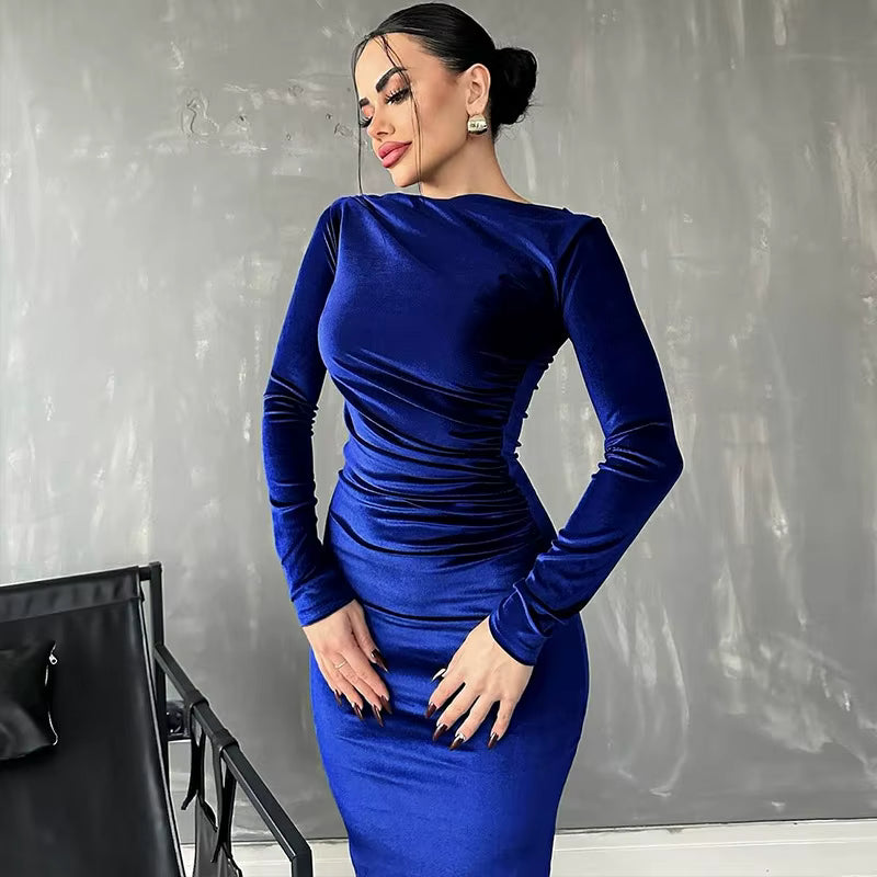 Elegant Ruched Mid-Calf Velvet synthetic fiber Long Sleeve Midi Dress