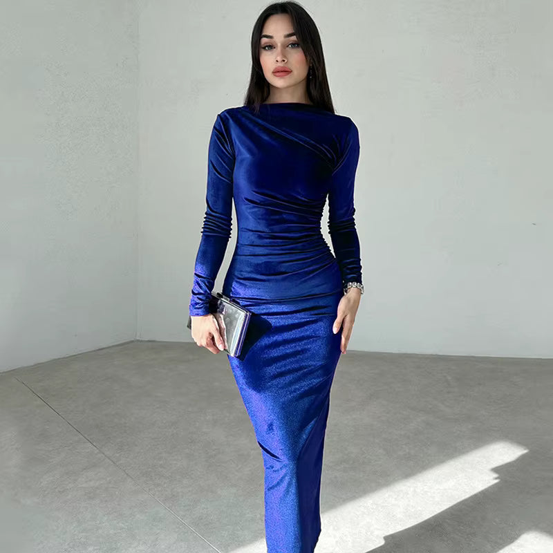 Elegant Ruched Mid-Calf Velvet synthetic fiber Long Sleeve Midi Dress